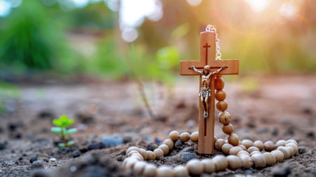 This image features a wooden cross adorned with rosary beads resting on the ground, illuminated by warm sunlight, evoking themes of faith and spirituality.の素材