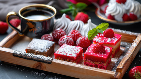 A tempting dessert platter showcases vibrant raspberry squares, fluffy whipped cream, and a steaming cup of coffee, perfect for indulgent moments.の素材