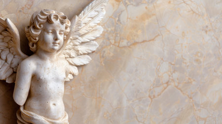 This stunning marble sculpture captures the essence of a cherub angel, showcasing exquisite detail in its wings and features against a soft stone backdrop.の素材