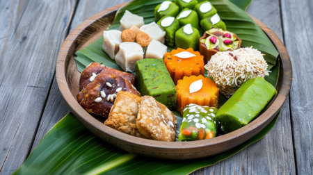 An appealing display of assorted traditional sweets arranged artfully on a wooden plate, surrounded by fresh green leaves, perfect for festive occasions.の素材