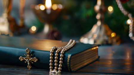 A serene composition featuring a holy book adorned with a cross, accompanied by rosary beads resting on a wooden table, illuminated by candlelight.の素材