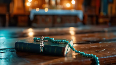 A serene scene featuring a silver crucifix and rosary beads resting on a Bible, set against a softly lit church background, conveying deep spirituality and calm.の素材