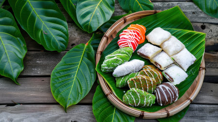 A vibrant arrangement of assorted traditional Asian snacks is beautifully presented on a bamboo plate, surrounded by lush greenery, ideal for food enthusiasts.の素材