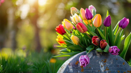 A stunning arrangement of colorful tulips gracefully adorns a cemetery, illuminated by soft, golden sunlight, creating a serene and peaceful ambiance.の素材