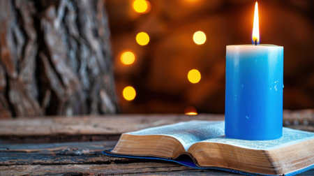 A serene scene featuring a blue candle flickering atop an open book, creating a cozy and peaceful atmosphere with warm bokeh lights in the background.の素材