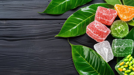 A vibrant assortment of fruit jelly candy arranged artfully on dark wood, complemented by fresh green leaves, creating a visually appealing dessert display.の素材