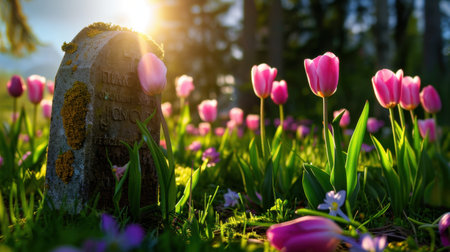 A serene graveyard scene featuring soft pink tulips blooming around a stone gravestone. The warm sunlight filters through trees, creating a tranquil atmosphere.の素材