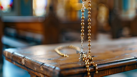 A close-up view of elegant golden beads with a cross pendant resting on a rustic wooden table, capturing a serene moment in a religious setting.の素材