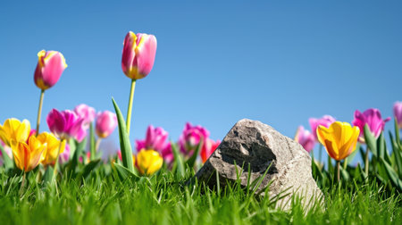 A scenic view showcasing vibrant tulips in a spectrum of colors alongside a natural stone, set against a clear blue sky on a sunny day.の素材
