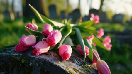A beautiful arrangement of pink tulips rests on a weathered grave, bringing a sense of tranquility and remembrance under soft morning light.の素材