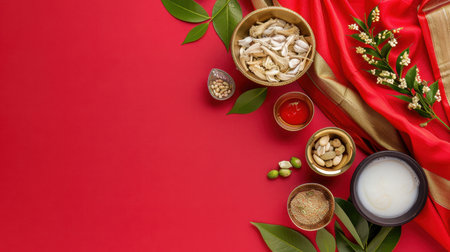 A vibrant arrangement of traditional Indian ingredients showcases spices, nuts, and fresh herbs on a bright red background, perfect for culinary creations.の素材