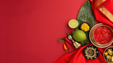 This vibrant composition showcases an array of colorful ingredients used in Indian cooking, symbolizing culture and celebration. Perfect for food lovers and culinary enthusiasts!の素材