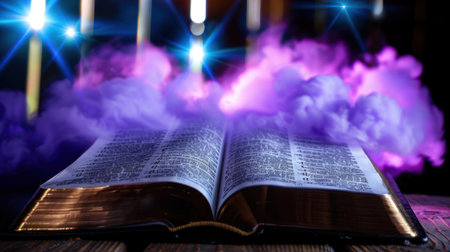 This captivating image features an open book with glowing pages, surrounded by vibrant purple smoke and sparkling lights, evoking a mystical ambiance.の素材