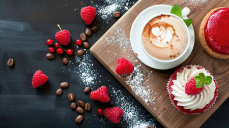 This captivating image showcases a delightful dessert scene with a vibrant raspberry cupcake, a creamy dessert, rich coffee, and fresh berries, perfect for food lovers.の素材