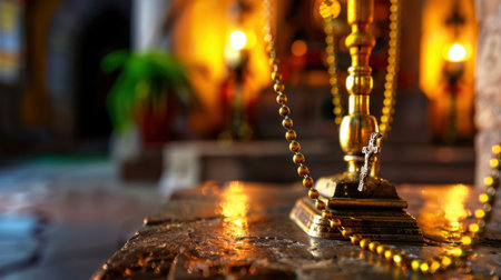 A captivating close-up of a rosary with a cross resting on a beautifully textured wooden altar, illuminated by warm, soothing light.の素材