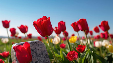 A captivating view of a tulip field filled with bright red flowers under a clear blue sky. This serene landscape showcases spring's beauty and vibrancy.の素材