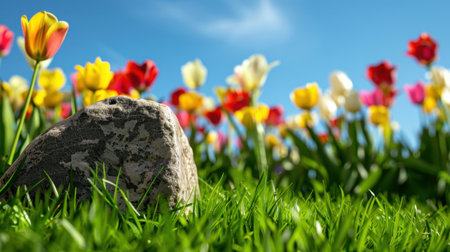 A stunning view of a vibrant tulip garden featuring colorful flowers and a stone nestled in lush green grass, set against a clear blue sky.の素材