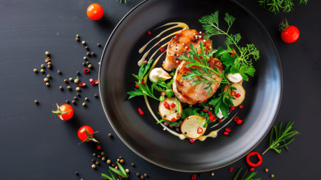 A stunning gourmet dish featuring grilled chicken paired with fresh herbs and cherry tomatoes, artistically arranged on a black plate, perfect for food photography.の素材