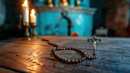 A beautiful still life arrangement featuring a wooden rosary and a silver crucifix on a rustic table within an old church. The soft glow of candles adds to the tranquil ambiance, inviting contemplation and reflection.の素材