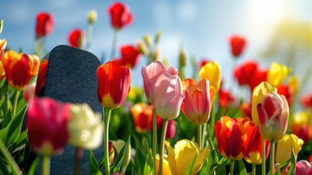 A stunning field of tulips showcases vibrant colors of pink, yellow, and red surrounding a simple stone marker. The idyllic scene captures the essence of spring.の素材