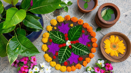 This vibrant floral arrangement features colorful flowers and green leaves arranged in a circular pattern, creating a stunning decorative piece ideal for celebrations.の素材