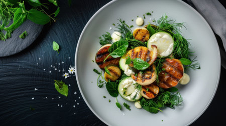 A visually stunning grilled vegetable salad featuring an array of fresh herbs and a rich creamy dressing, artfully arranged on a dark slate background.の素材