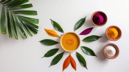 This beautiful display features vibrant spices artfully arranged with leaves, showcasing the essence of Indian culture and festive celebration. Perfect for culinary art.の素材