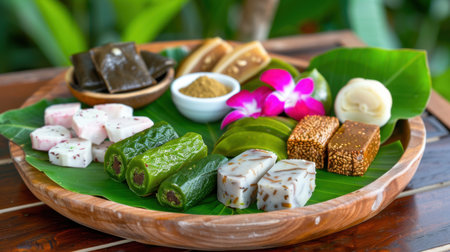 A visually stunning arrangement of traditional Asian sweets displayed on a wooden platter with vibrant greenery. Each sweet offers unique textures and flavors, perfect for celebrations.の素材