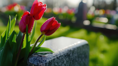 A beautiful photograph featuring fresh red tulips blooming near a gravestone in a tranquil cemetery, surrounded by vibrant greenery under warm sunlight.の素材