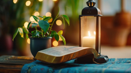 A serene indoor scene featuring an open holy book beside a glowing candle and a green plant, creating a warm and peaceful ambiance ideal for reflection.の素材