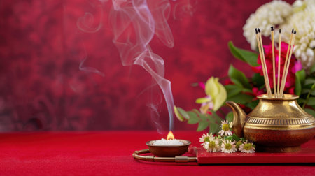 An elegant display of incense and flowers on a rich red background evokes feelings of tranquility and relaxation, perfect for meditation or wellness environments.の素材