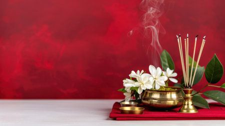 A serene arrangement featuring aromatic incense with white flowers and swirling smoke, set against a vibrant red background for a calming ambiance ideal for meditation.の素材