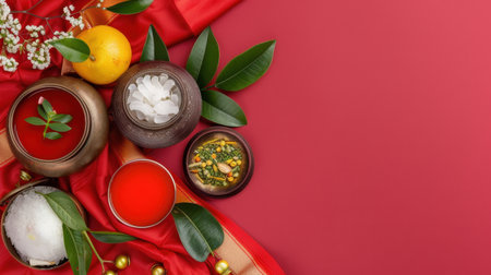 A vibrant display of festive ingredients arranged creatively on a rich red background, showcasing organic elements, decorative textiles, and colorful bowls.の素材
