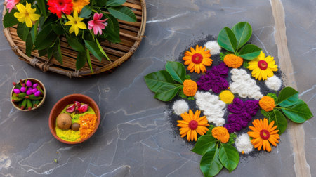 Beautiful rangoli art featuring colorful flower petals, leaves, and traditional elements, perfect for celebrating cultural festivals and enhancing festive decor.の素材