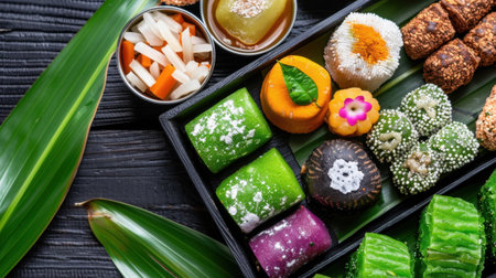 A vibrant assortment of traditional Asian desserts showcasing colorful treats made with coconut and natural ingredients, beautifully arranged on a leafy background.の素材
