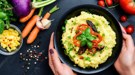 A visually appealing bowl of creamy mashed potatoes topped with red peppers and fresh basil, surrounded by colorful vegetables and spices, perfect for a nutritious meal.の素材