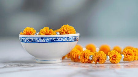A stunning arrangement of vibrant yellow marigold flowers in a decorative bowl, accompanied by a beautiful floral garland on a marble surface.の素材