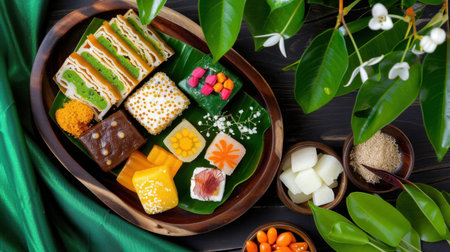A stunning assortment of traditional Asian desserts beautifully arranged on a wooden plate. The vibrant colors, textures, and natural elements create an inviting scene perfect for food photography or culinary presentations.の素材
