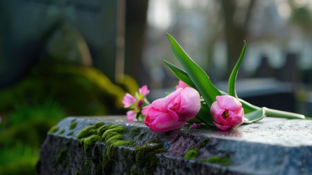 A serene image featuring soft pink tulips resting atop a weathered tombstone, surrounded by vibrant green moss, capturing the essence of remembrance and tranquility.の素材