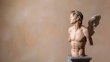 This stunning marble sculpture captures a winged figure in a powerful pose, showcasing intricate details and artistic expression against a gentle backdrop.の素材