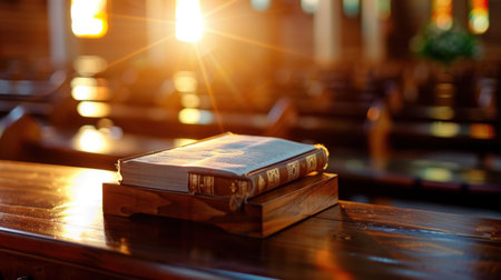 A serene interior view of a church featuring an open holy book resting on a polished wooden plank. Sunlight streams through colored glass, creating a warm ambiance.の素材
