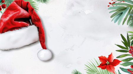 This vibrant Christmas background features a Santa hat alongside festive decorations, perfect for seasonal projects and holiday greetings.の素材
