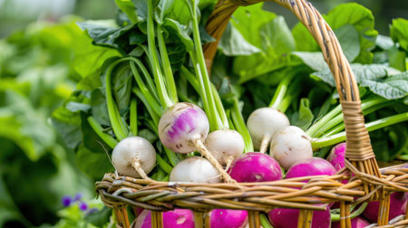 A vibrant collection of fresh organic radishes and turnips arranged in a rustic wicker basket, perfect for healthy cooking and farmers market themes.の素材