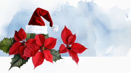 A vibrant display featuring a classic red Santa hat resting atop beautiful red poinsettias against a soft holiday-themed background. Ideal for festive cards.の素材