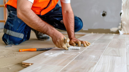 A skilled craftsman is meticulously installing wooden floor tiles in a modern interior space, showcasing dedication to quality craftsmanship during renovation.の素材