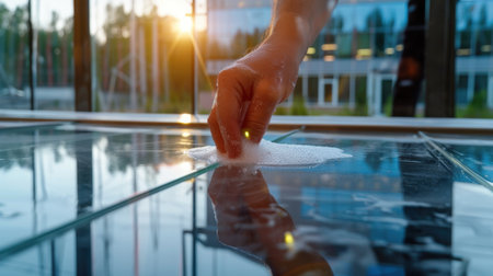 A close-up of a hand gently cleaning a glass surface with soap bubbles, reflecting the warm glow of sunset in a modern office setting.の素材