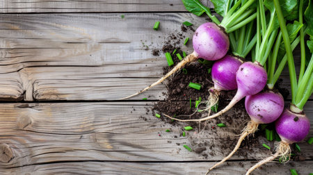 Vibrant freshly harvested purple turnips with green tops lie on a rustic wooden table, surrounded by rich soil and scattered green chives, showcasing farm freshness.の素材
