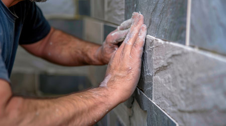A skilled craftsman focuses intently on applying finishing touches to a modern stone wall, showcasing craftsmanship and attention to detail in home improvement.の素材