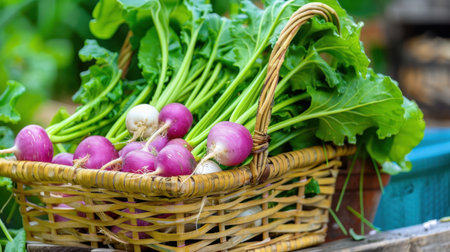 A beautiful display of fresh purple radishes nestled in a handmade wicker basket, surrounded by lush green leaves in an inviting garden setting.の素材