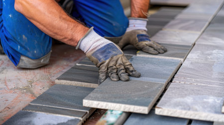 A dedicated craftsman carefully lays gray tiles on a surface, showcasing expert craftsmanship in home renovation, emphasizing quality and precision in construction work.の素材